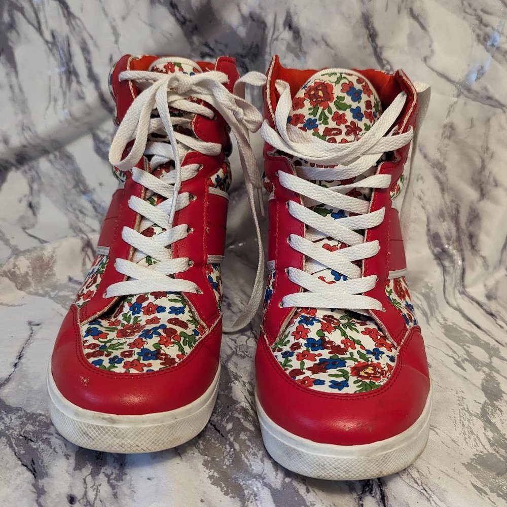 Mudd Shoes Size 9.5 Hi-Top Floral Print Lace-Up Wedge Heel Built In - Retro